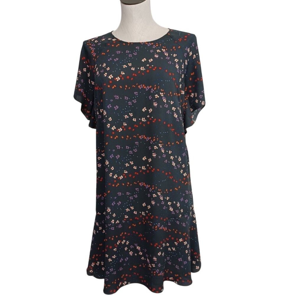 CAbi Floral Short Sleeve Drop Waist Ruffle Hem Shift Dress Gray Multi Mini #3828